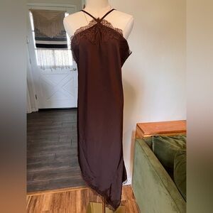 Commense Brown Lace-Detail Slip Dress